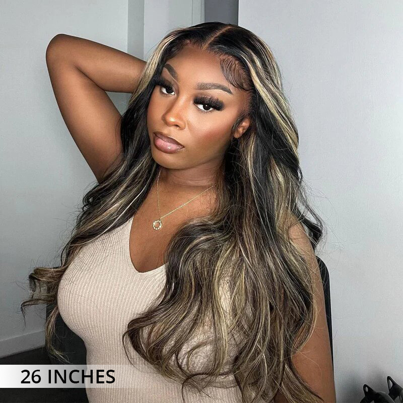 Balayage Highlight Colored Body Wave Wigs Transparent Lace Human Hair Wigs Natural Hairline