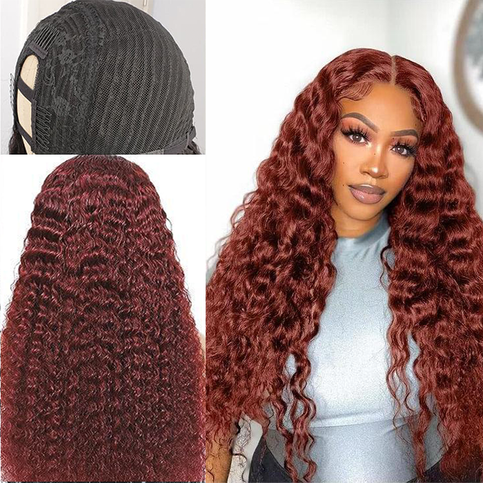 $129/2 Wigs | Glueless Wear & Go Jerry Curly Bob Highlight Wig With Bangs + U Part Glueless Wear & Go Deep Wave #33 Reddish Brown Wig