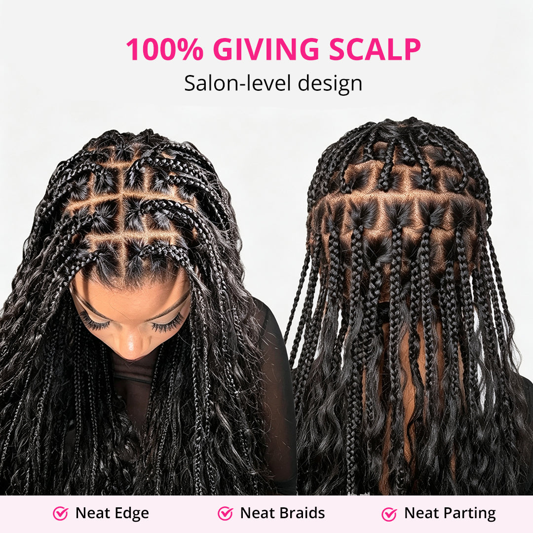 Zlike Light Weight Flexi-Fit Invisi Drawstring Cap Full Lace Knotless Boho Curls Braided Long Wig Super Natural Scalp Pre-Cut Lace