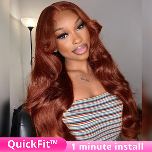 #33 Reddish Brown Glueless Invisi-Band Human Hair Wigs Body Wave Pre Cut 360 Lace Frontal Wig