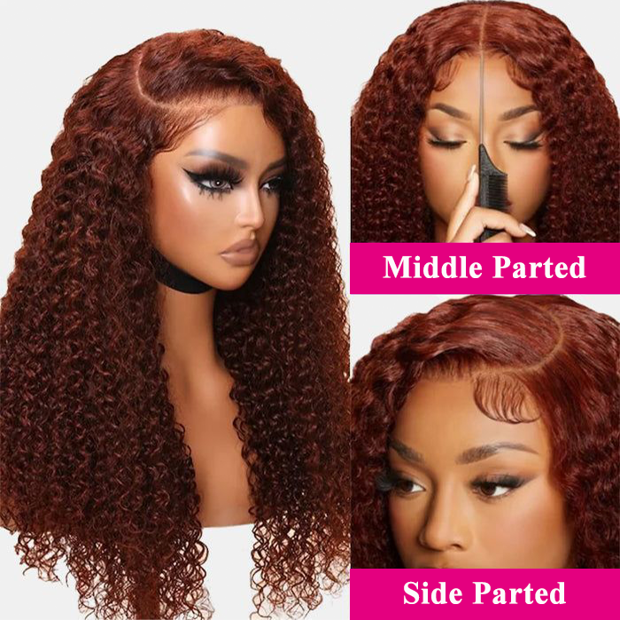 Pre Plucked #33 Reddish Brown Kinky Curly Transparent Lace Human Hair Wigs Natural Hairline