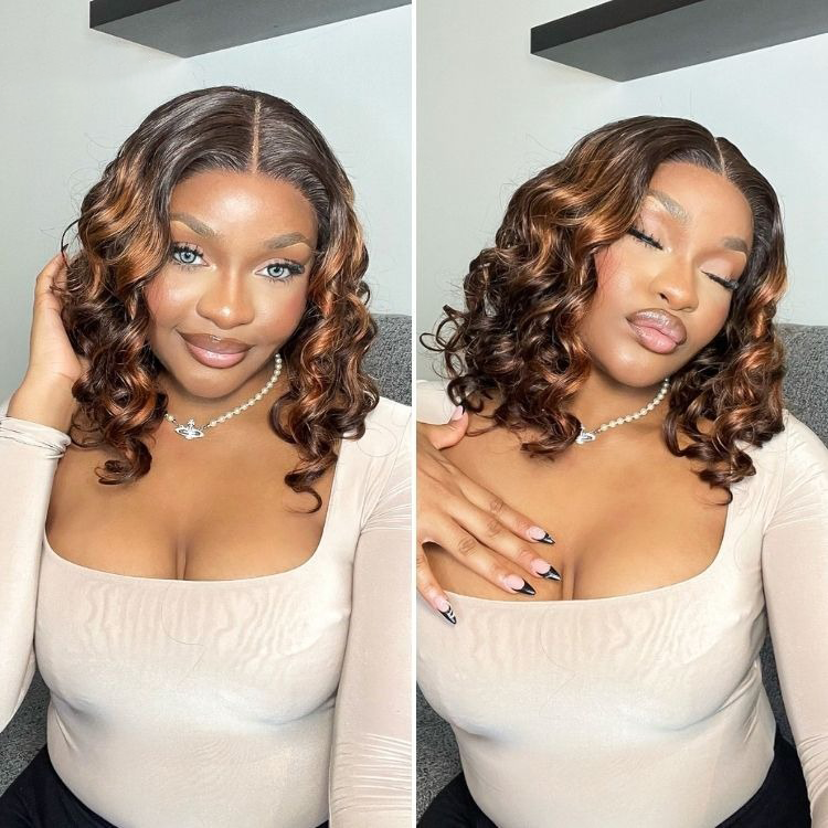 Zlike Brown Mixed Golden Color Loose Wave Human Hair Wigs Ombre Brown Lace Front Wigs with Drawstring