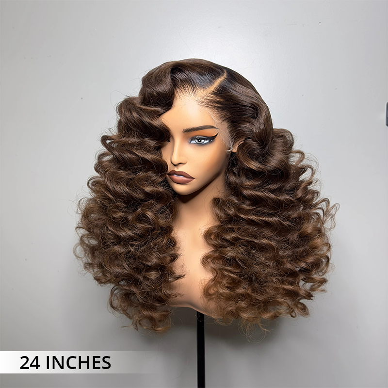 Zlike Wand Curl Chocolate Brown Wigs 300% Density Virgin Human Hair Wigs Transparent Lace Super Double Drawn With Dark Roots