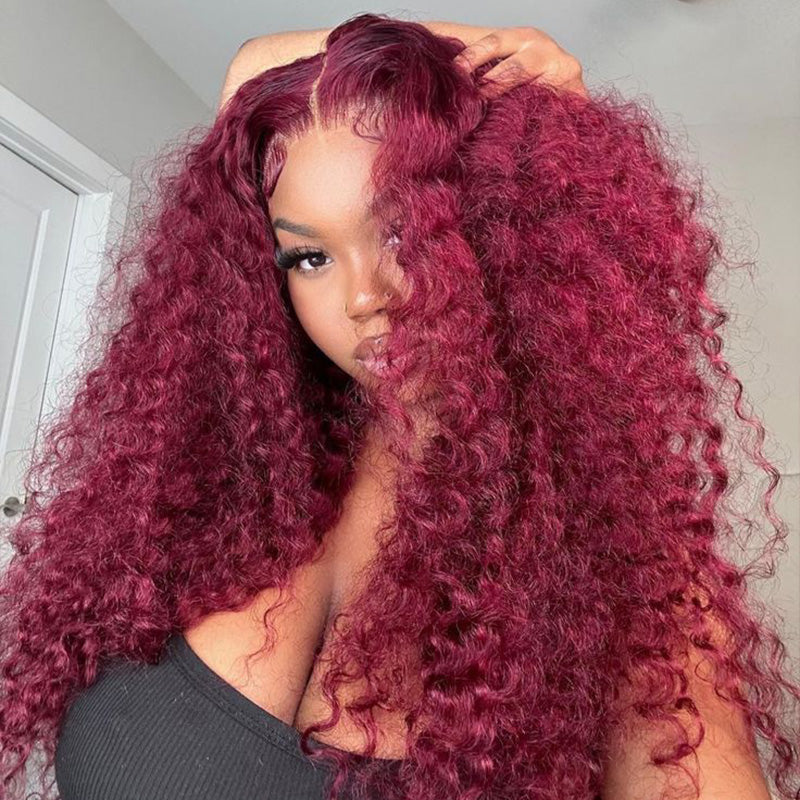 99J Burgundy Colored Kinky Curly Transparent Lace Front Human Hair Wigs Natural Hairline