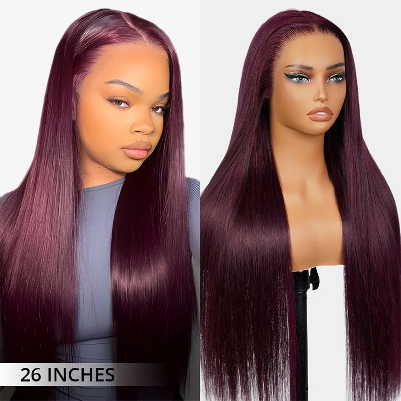 Zlike Pull Go 13x6 Pre Cut Lace Front Wigs Dark Plum Glueless Wigs Body Wave With Drawstring 100% Human Hair Wig