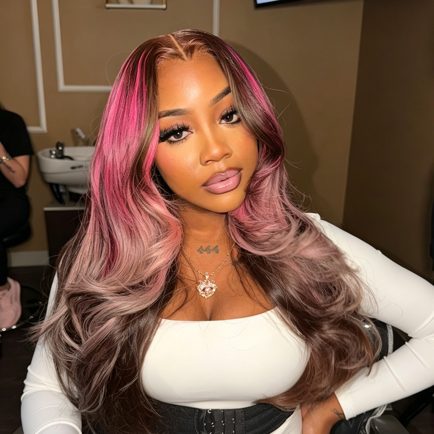 Zlike Pink Money Piece Smoky Ombre Body Wave Human Hair Glueless Wigs Pre-Cut 13x4 Transparent Lace Drawstring