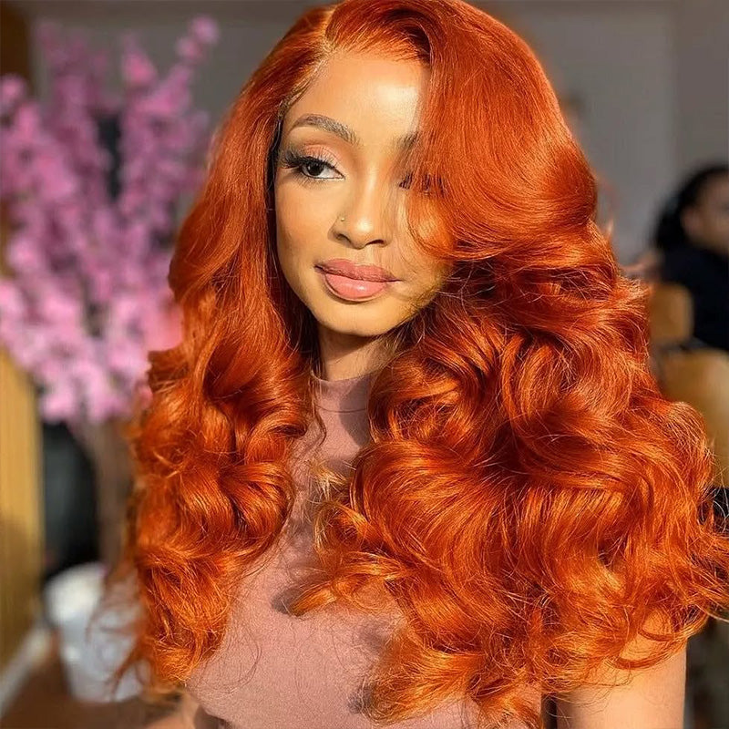 350 Ginger Orange Body Wave Wig Transparent Lace Front Wig High Density Human Hair Wigs