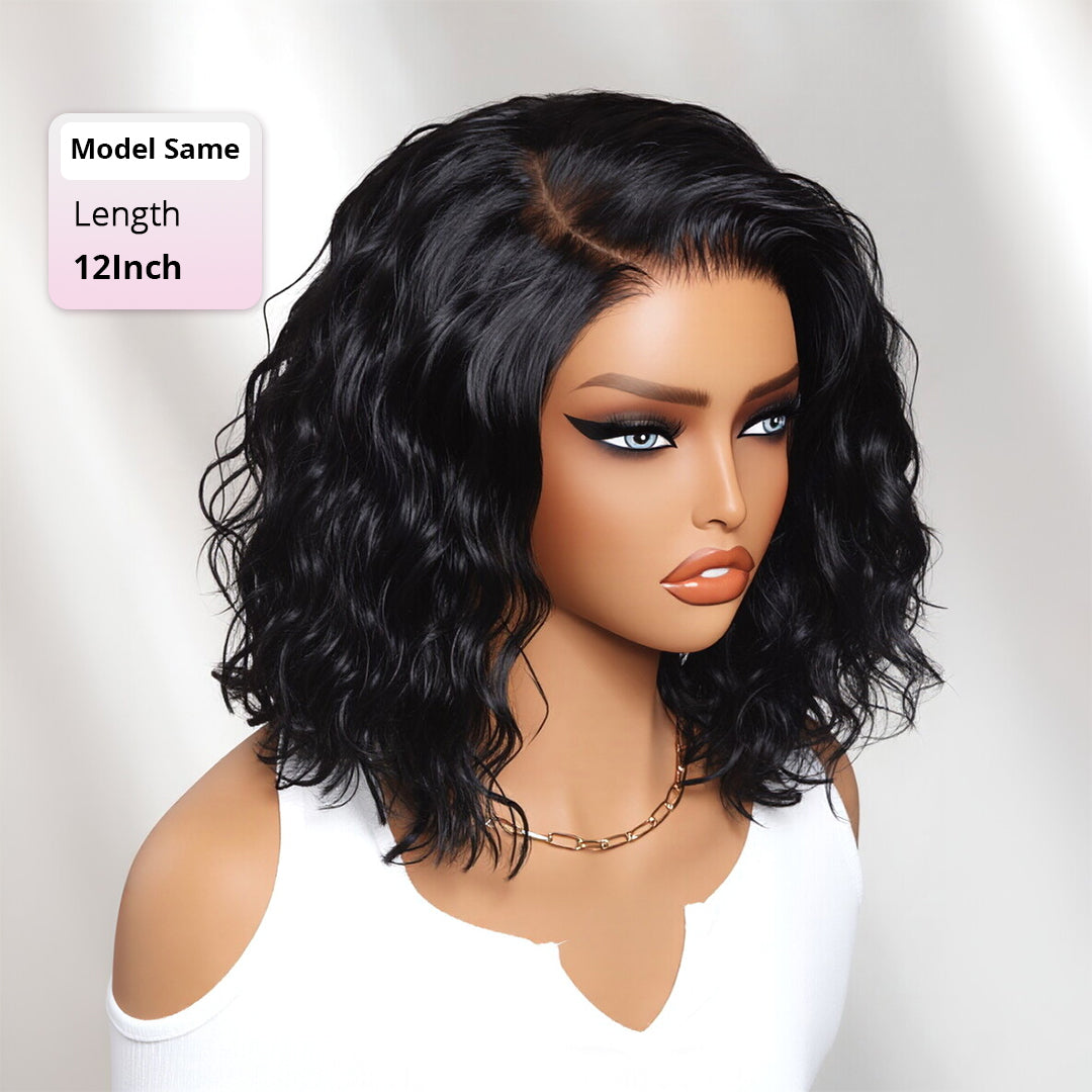Styled Wig | 7x5 Glueless Lace C Side Part Loose Wavy Bob High Density Drawstring 100% Human Hair Wig For Beginners