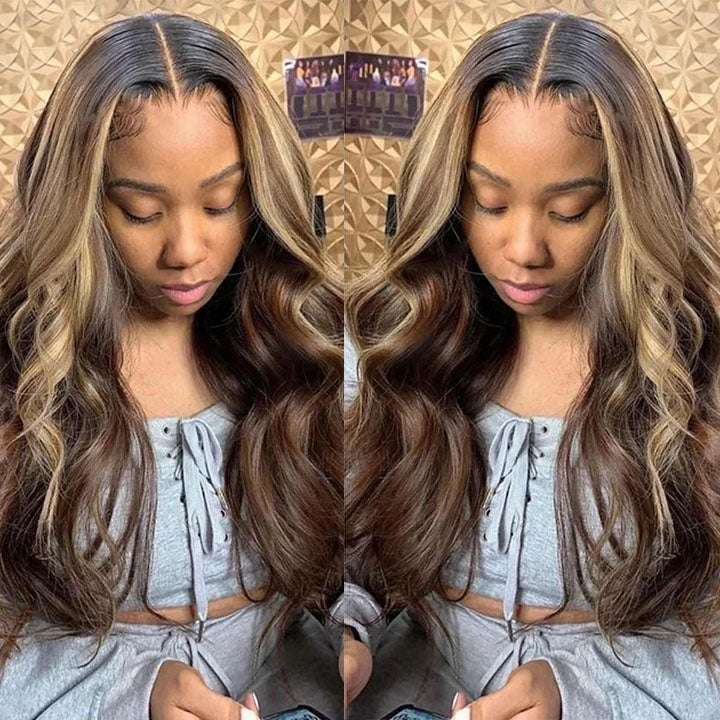 Black Roots Body Wave 4/27 Ombre Highlight HD Transparent Lace Frontal Human Hair Wigs