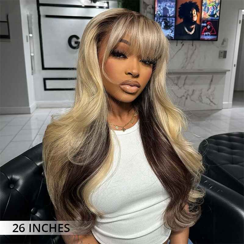 Zlike  Peekaboo Blonde With Brown Underneath Body Wave 13x4 Lace Frontal Wigs With Bangs 100% Human Hair Wigs