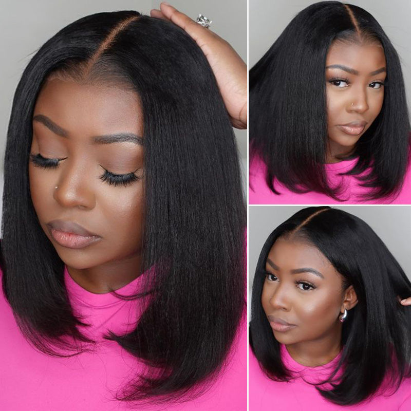 300% Density Bob Lace Wig Pre Cut Straight Human Hair Lace Closure Wigs Bleach Knots