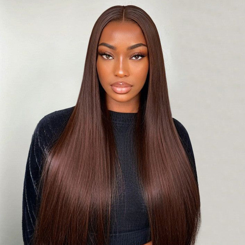 #4 Chocolate Brown Pre Plucked Silky Straight Transparent Lace Front Human Hair Wigs With Baby Hair