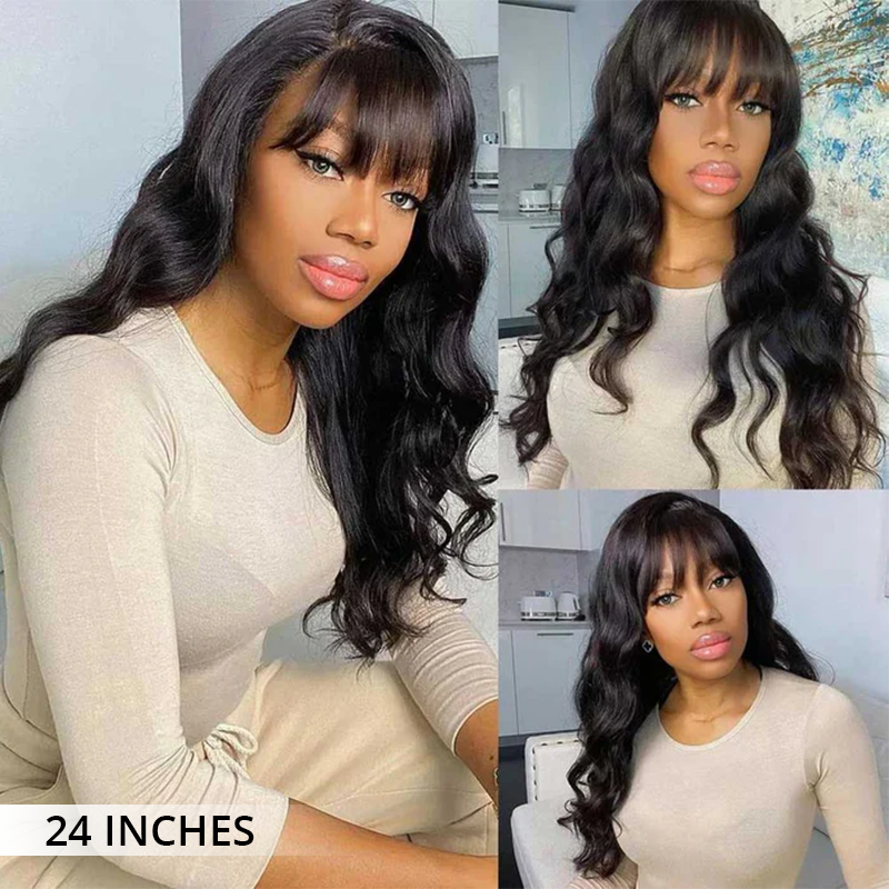Ready To Go Glueless Body Wave Transparent Top Lace Wig Pre Bleached Human Hair Wigs With Bangs