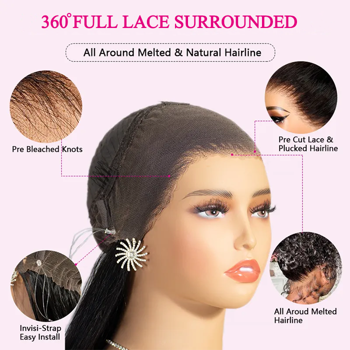 Glueless Pre Cut Straight 360 Lace Frontal Wig Invisi-Band Human Hair Wigs Natural Hairline