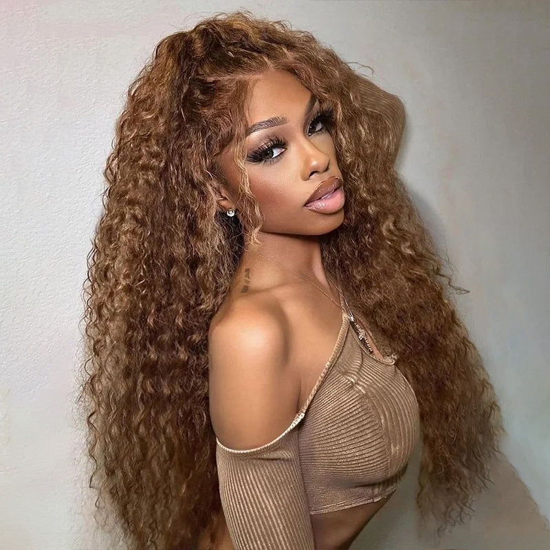 Natural Hairline Kinky Curly Lace Wig #4/27 Honey Blonde Highlights Colored Human Hair Wigs