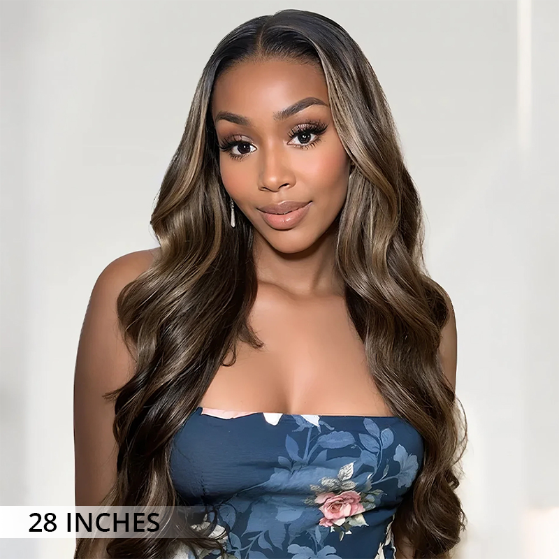 Zlike 300% Density Highlight Balayage Piano Colored Straight Body Wave Wigs Human Hair Lace Front Super Invisible Lace Wig