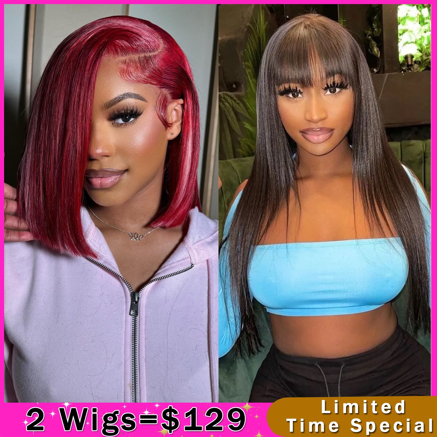 $129 = 2 Wigs | 10Inch 99J Straight Bob 13X4 Lace Front Wig + Glueless Wear & Go Straight Wig With Bangs