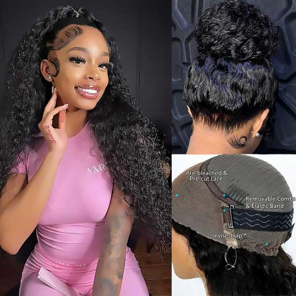 Flash Sale | Water Wave Invisi-Band 360 Lace Frontal Wigs Pre Cut Human Hair Wigs Bleached Knots