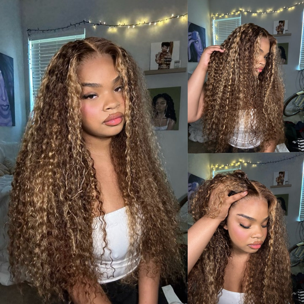 Honey Blonde Highlight 13x4 Lace Front Water Wave Wigs Human Hair Wigs