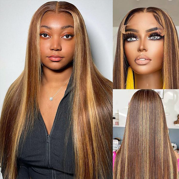 #4/27 Honey Blonde Highlights Straight Transparent Lace Closure Wig Glueless Human Hair Wigs