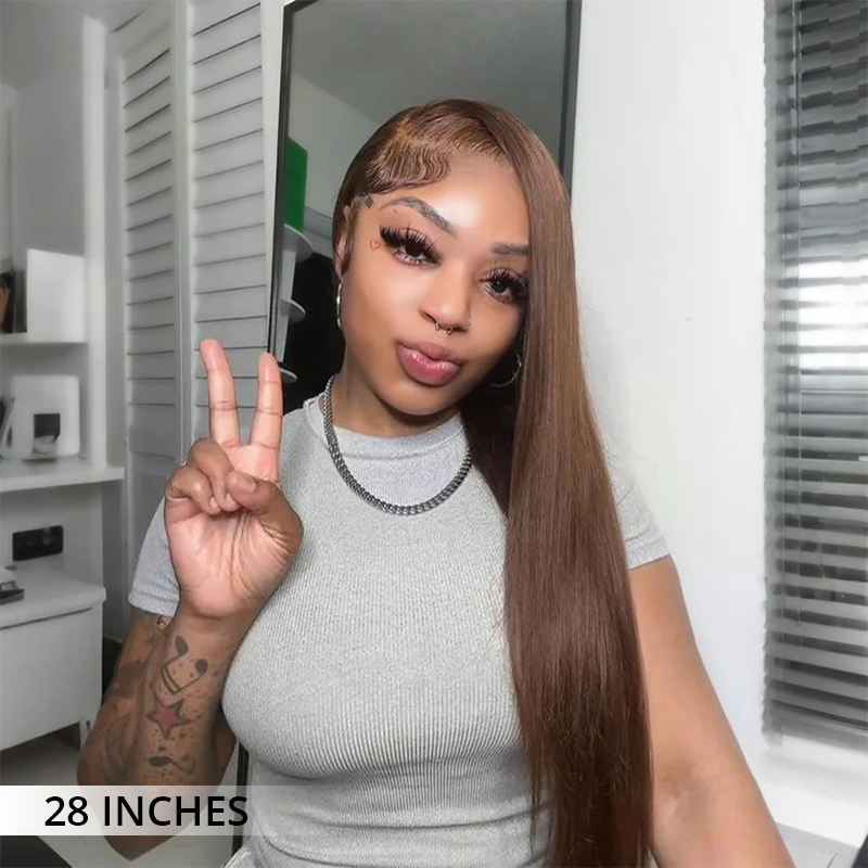 Zlike 200% Density #4 Chocolate Brown Straight Body Wave 13x4 Lace Front Wigs Pre Plucked Human Hair Wigs