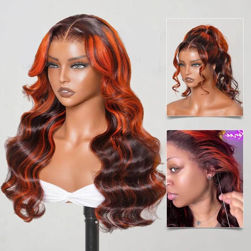 Zlike Ginger Highlight Body Wave Wig 360 Lace Frontal Invisi Strap Snug Fit Human Hair Wigs