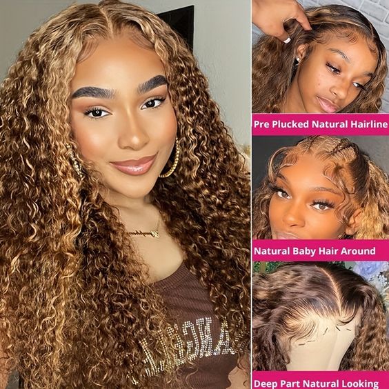 Pre Plucked Honey Blonde Highlights P4/27 Colored Kinky Curly Transparent Lace Human Hair Wigs