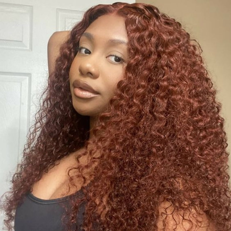 #33 Reddish Brown High Density Curly Lace Front Human Hair Wigs For Women