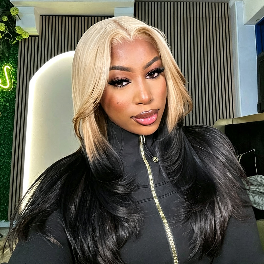 Zlike 300% Density Blonde With Black Transparent Lace Wigs Body Wave Heavy Layers Invisible Knots Drawstring Virgin Human Hair