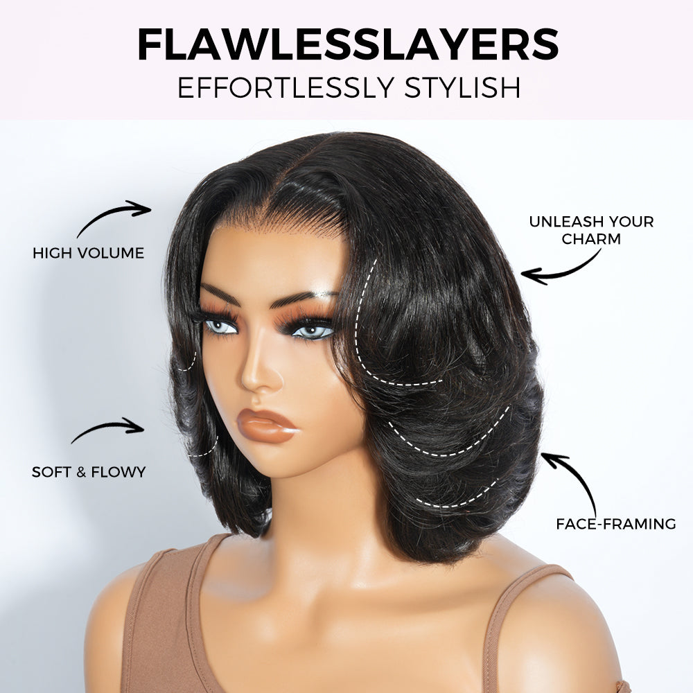 Zlike 7x5 Transparent Lace Layered Bob Wigs Glueless Wear Drawstring Human Hair Wigs Natural Look 300% Density