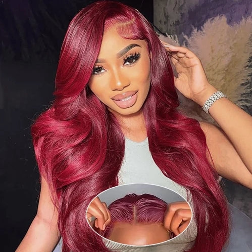 Glueless Pre Cut Invisi-Band 360 Lace Frontal Wig 99J Burgundy Body Wave Human Hair Wigs