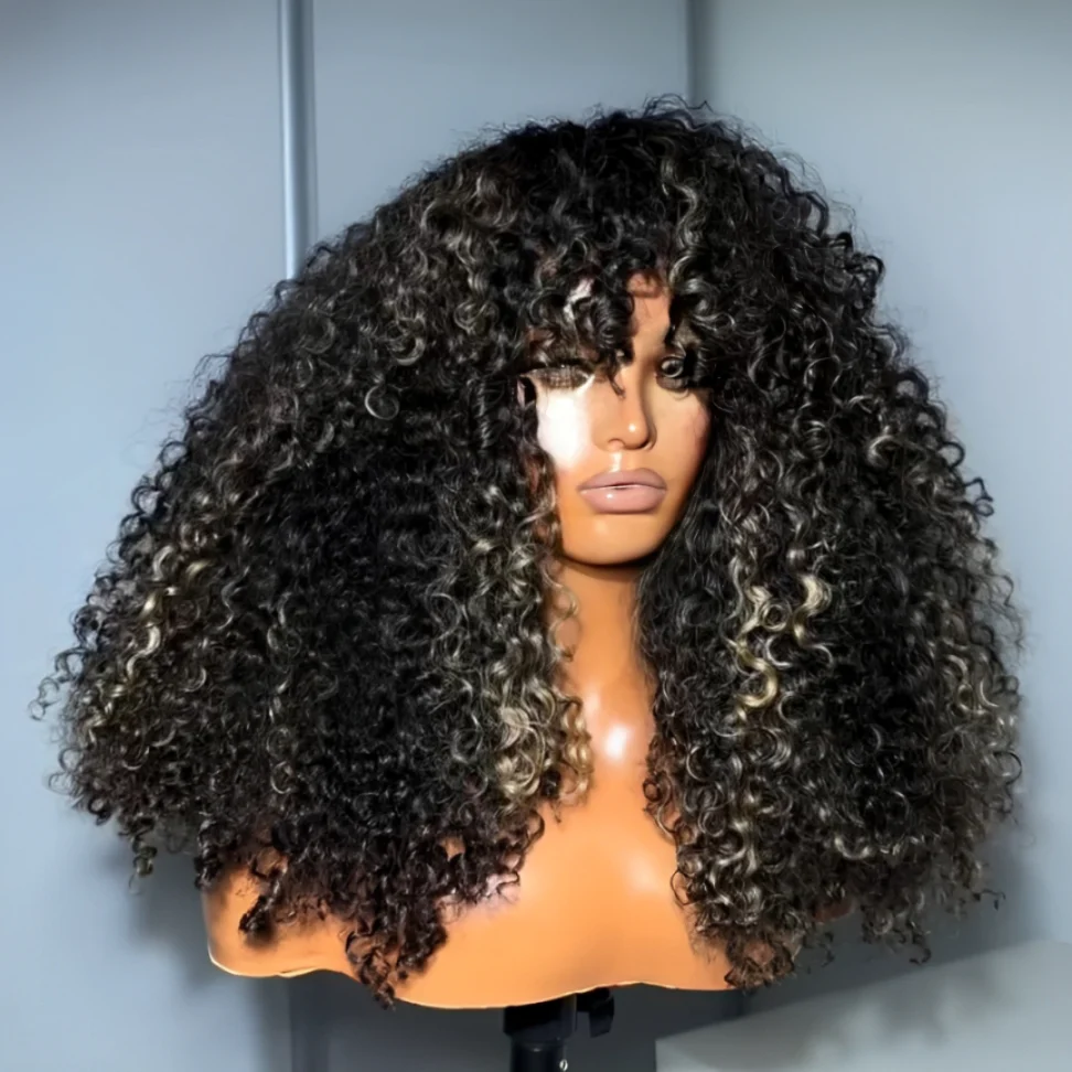 Styled Wig | Blonde Highlight Glueless No Lace Curly Human Hair Wigs With Bangs