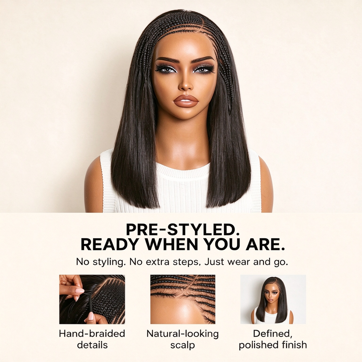 Zlike Fulani Braids Natural Black Straight Frontal Lace Bob Wig Pre-Cut 13x4 Transparent Lace Wigs Pre-Braided Bob Wigs