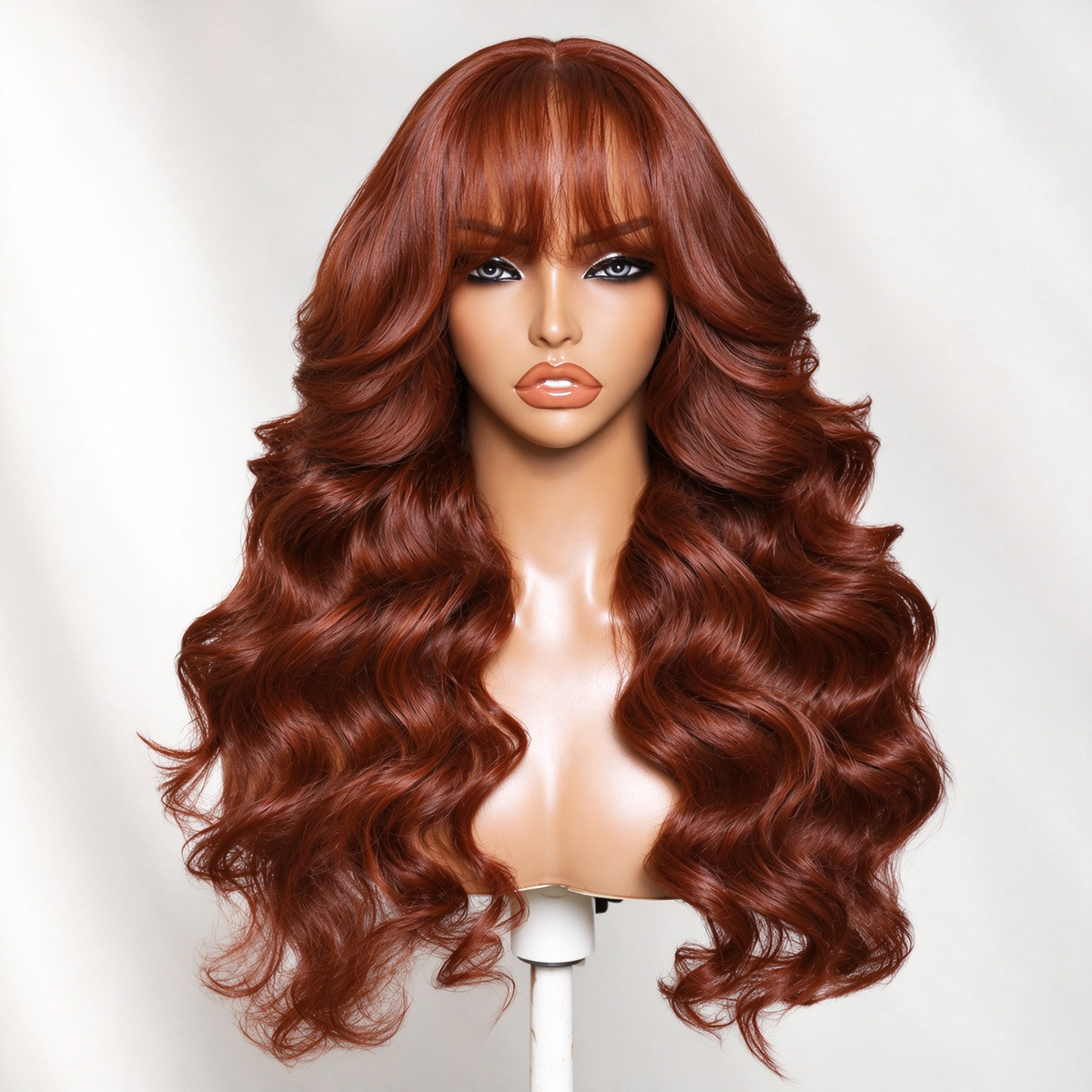 Zlike Loose Body Wave with Bangs Reddish Brown Glueless Lace Frontal Wig Human Hair Wigs