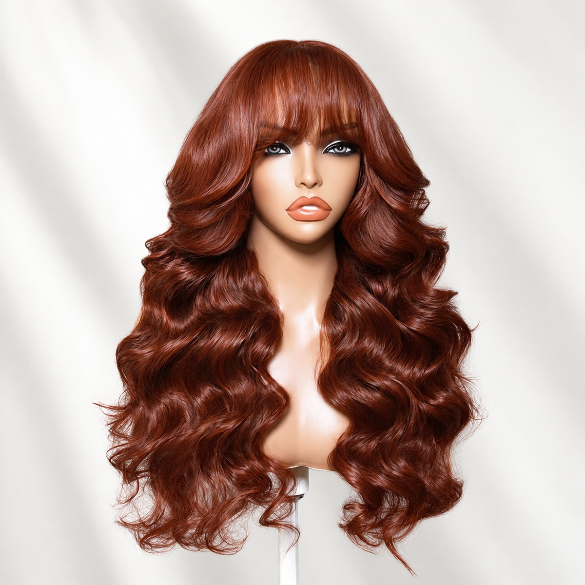 Zlike Loose Body Wave with Bangs Reddish Brown Glueless Lace Frontal Wig Human Hair Wigs