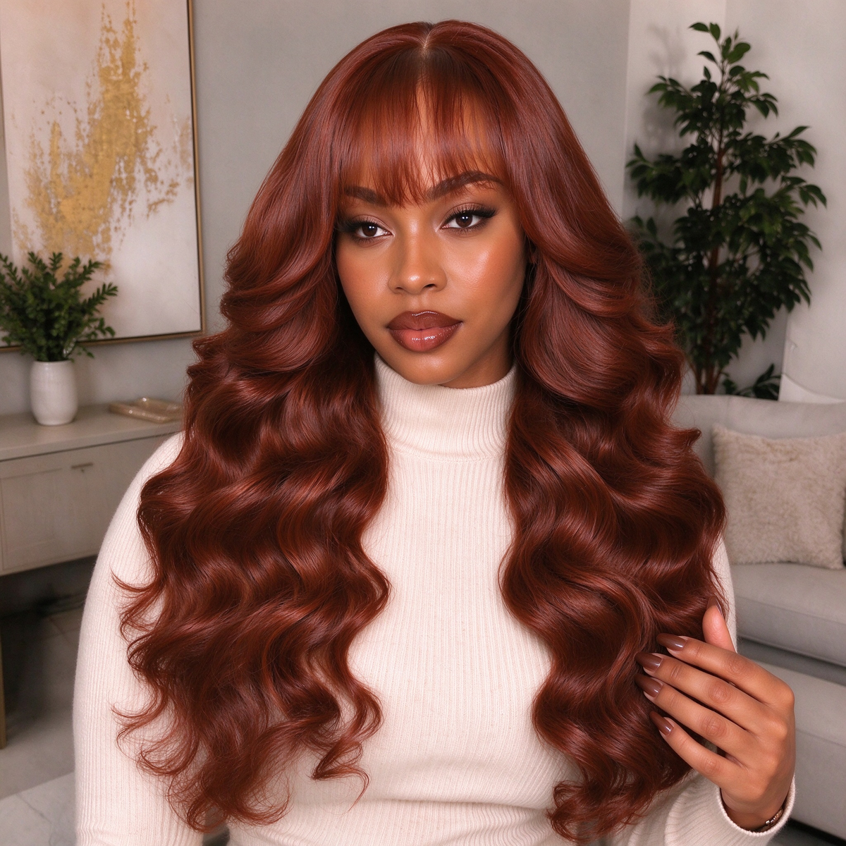 Zlike Loose Body Wave with Bangs Reddish Brown Glueless Lace Frontal Wig Human Hair Wigs