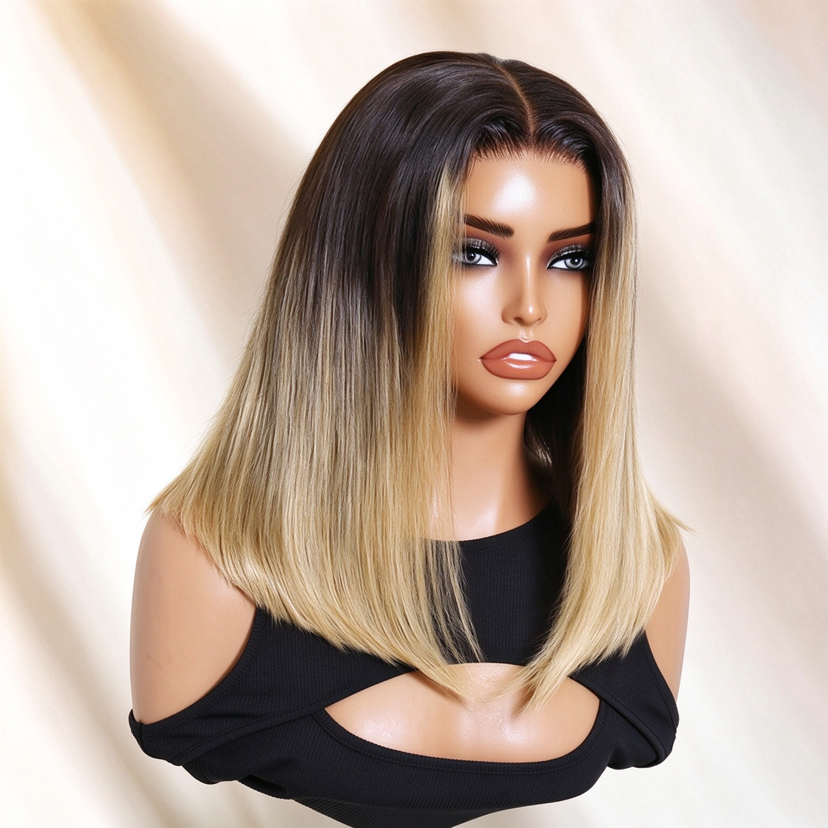 Zlike Dark Brown to Blonde Ombre Straight Bob Lace Frontal Wig Human Hair Wigs