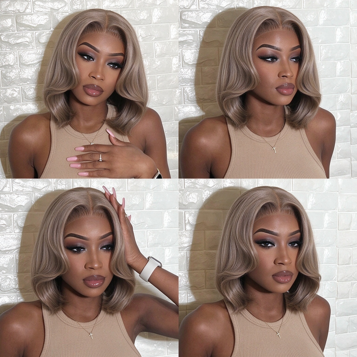 Zlike Light Ash Brown Easy to Go Glueless Lace Front Human Hair Wig Layer Cut Bob Wigs