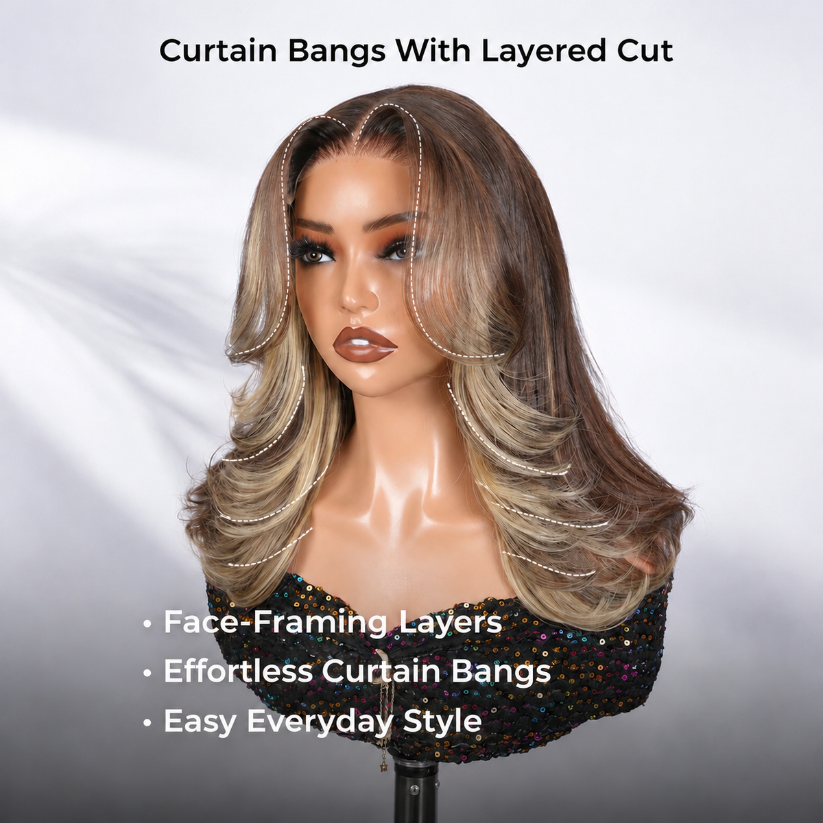 Zlike Blonde Highlight Blowout Wig Lace Front Wig with Curtain Bangs