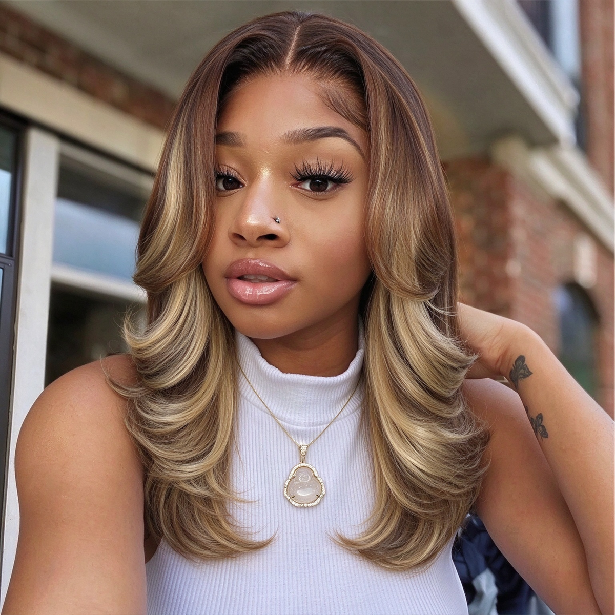 Zlike Blonde Highlight Blowout Wig Lace Front Wig with Curtain Bangs