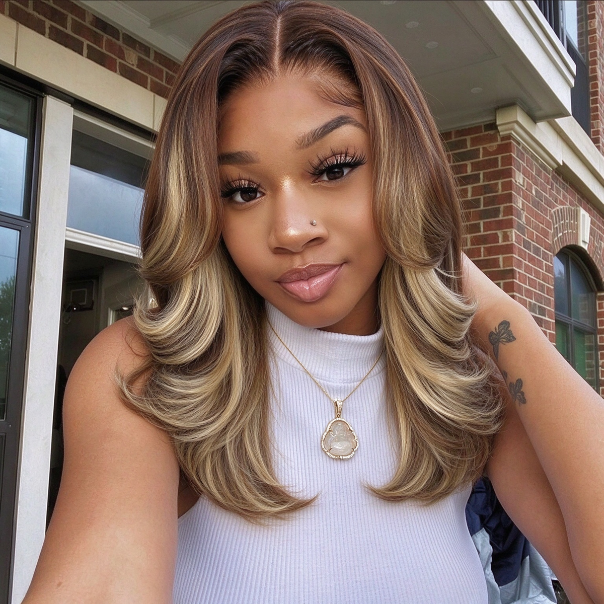 Zlike Blonde Highlight Blowout Wig Lace Front Wig with Curtain Bangs