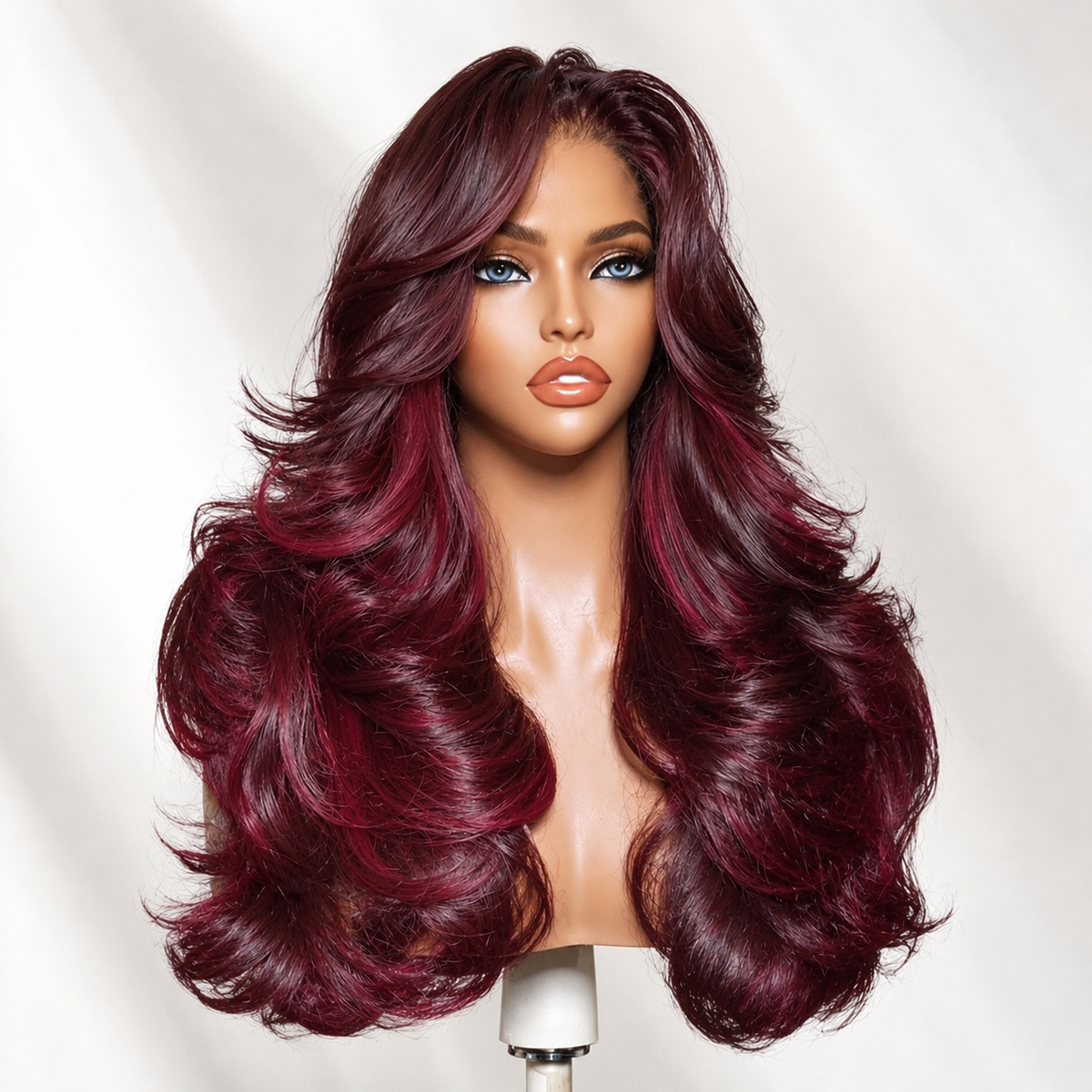 Zlike #99J Burgundy Red Highlight Body Wave Glueless Wig with Layers Human Hair Wigs