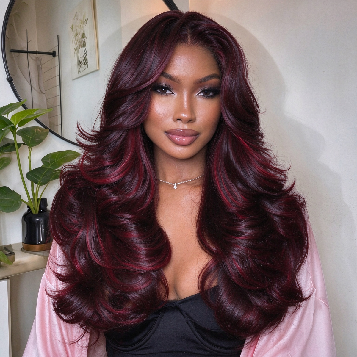 Zlike #99J Burgundy Red Highlight Body Wave Glueless Wig with Layers Human Hair Wigs