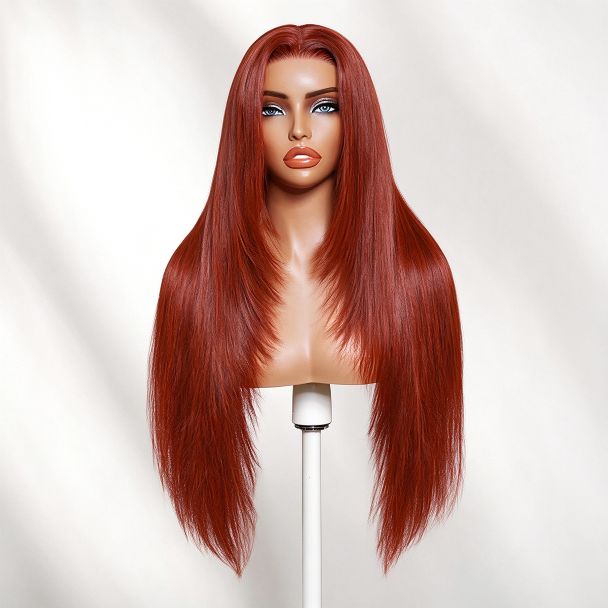 Zlike Reddish Brown Dark Auburn Silk Straight Human Hair Lace Front Wig with Butterfly Haircut