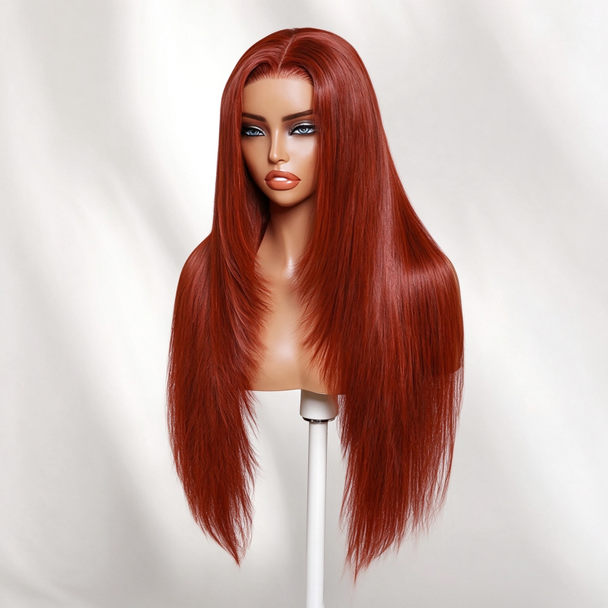 Zlike Reddish Brown Dark Auburn Silk Straight Human Hair Lace Front Wig with Butterfly Haircut