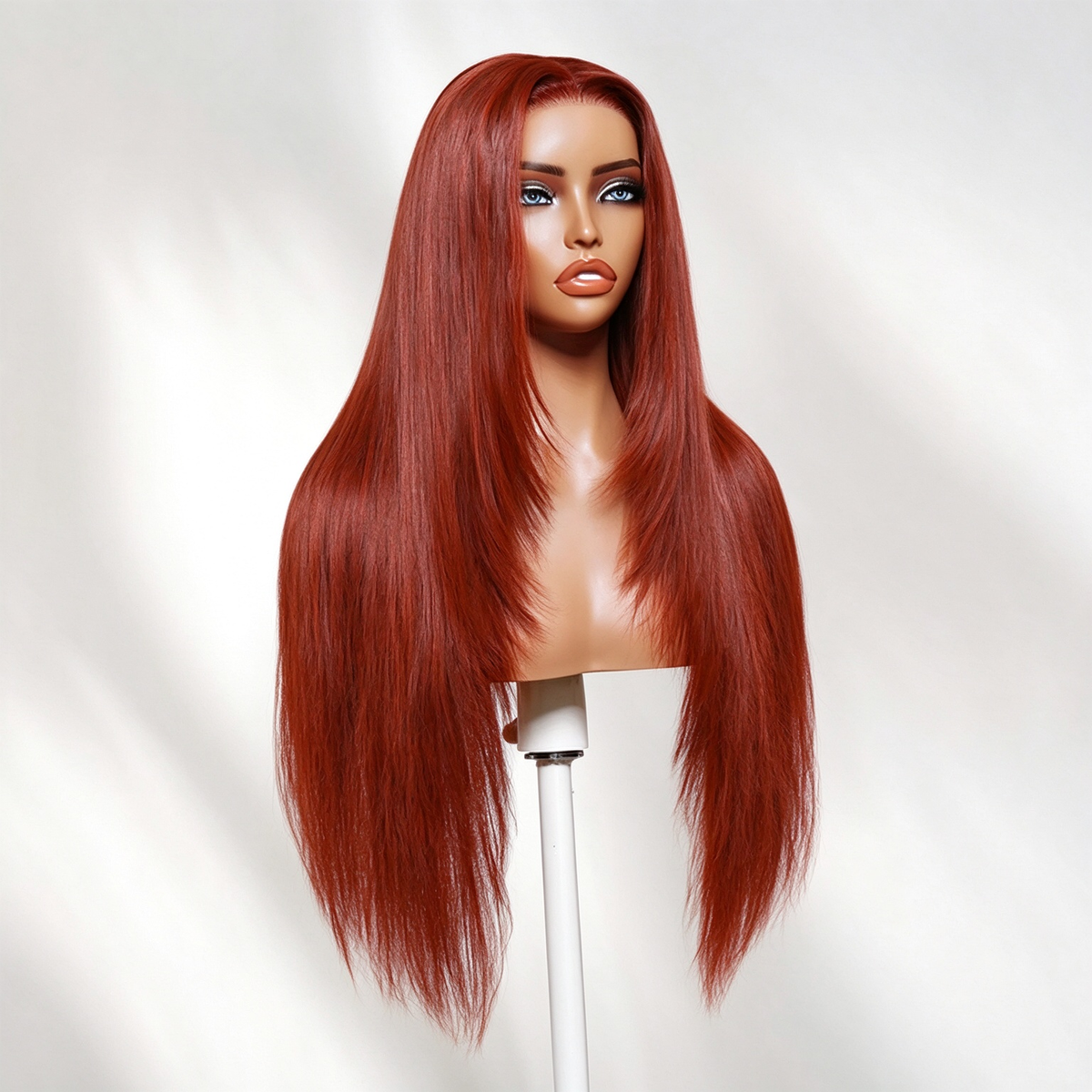Zlike Reddish Brown Dark Auburn Silk Straight Human Hair Lace Front Wig with Butterfly Haircut