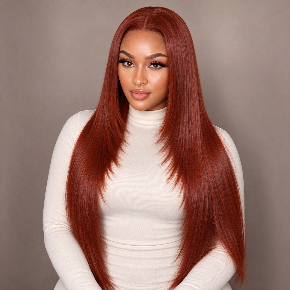 Zlike Reddish Brown Dark Auburn Silk Straight Human Hair Lace Front Wig with Butterfly Haircut