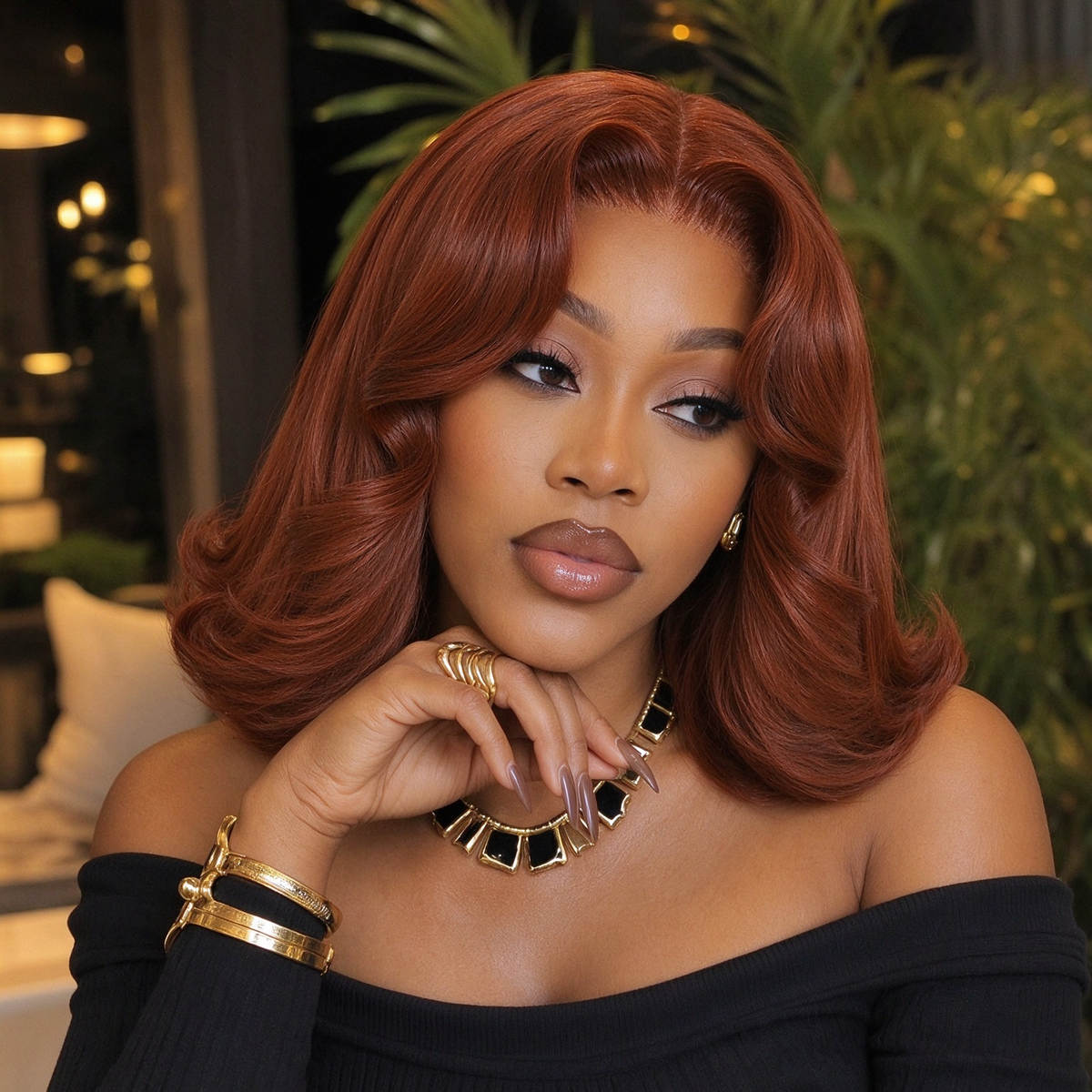 Zlike Copper Auburn Straight Bob Wig with Face-Framing Layers & Flipped Ends Human Hair Wig