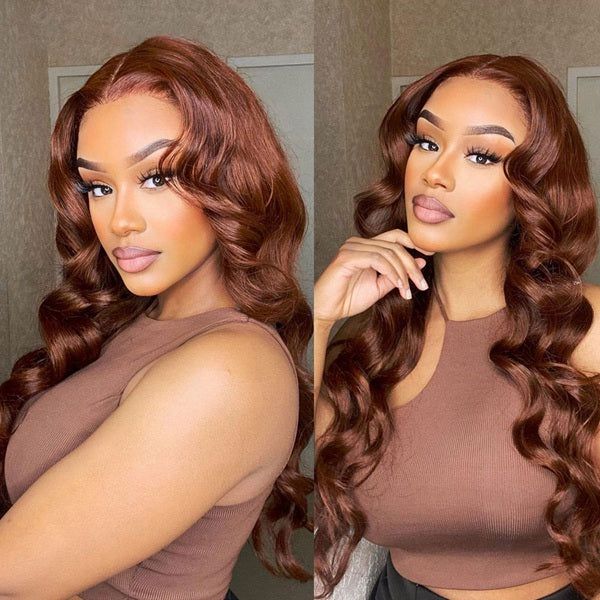 #33 Reddish Brown Colored Body Wave 180% Density 13x4 Lace Front Human Hair Wig With Baby Hair