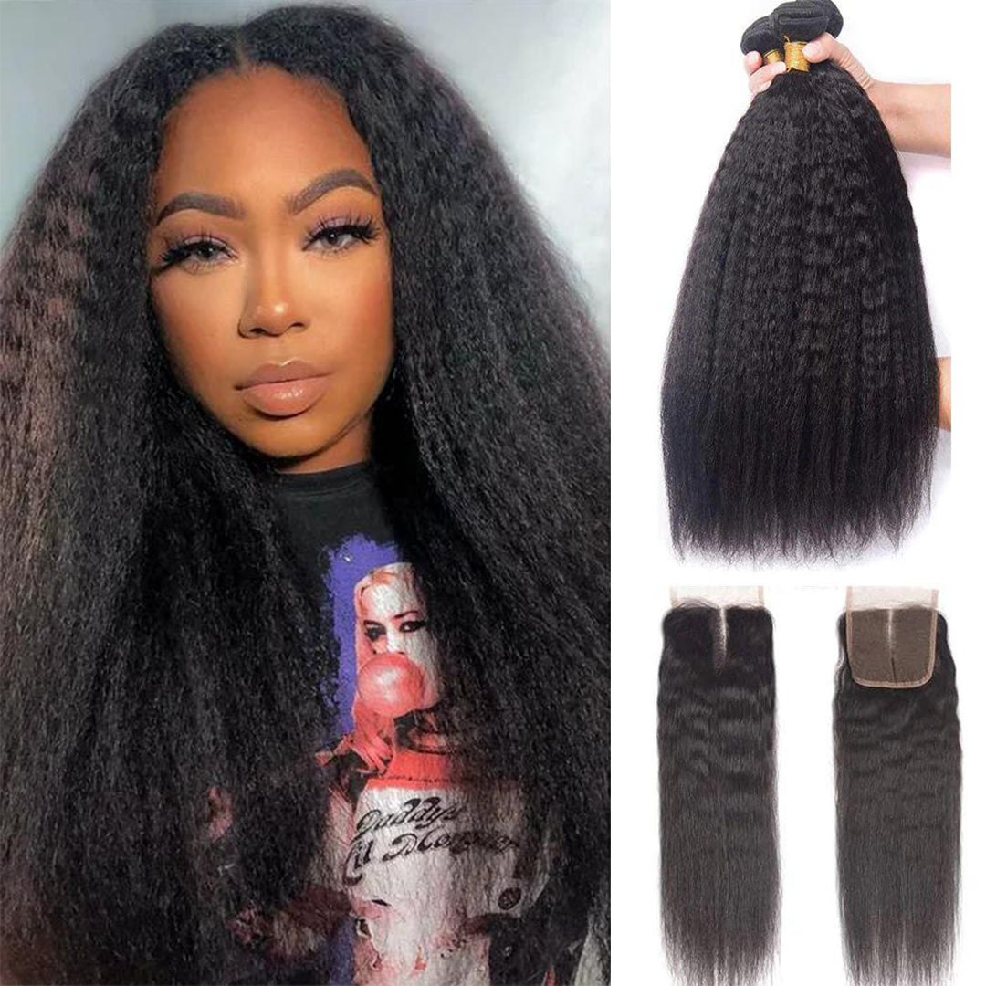 Yaki Straight 4 Bundles 4x4 Lace Closure Human Extensions